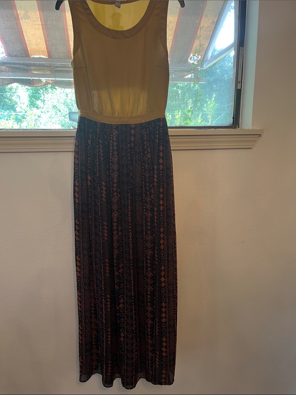 Forever 21 Olive Green Bodice Maxi Dress with Black & Rust Patterned Skirt